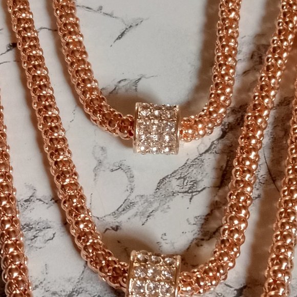 3 Tier Rose Gold Tone Popcorn Chain Each with crystal encrusted rondelle barrel - Picture 10 of 14